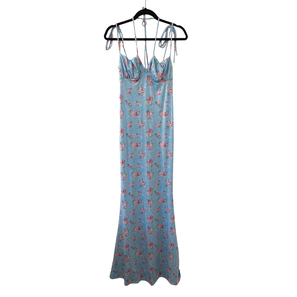 Marthea Blue Floral Maxi Dress Sweetheart Neck Tie Strap‎ Womens Size M Babydoll